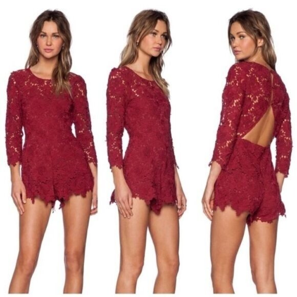Lovers + Friends Peony Red Lace Long Sleeve Romper XS